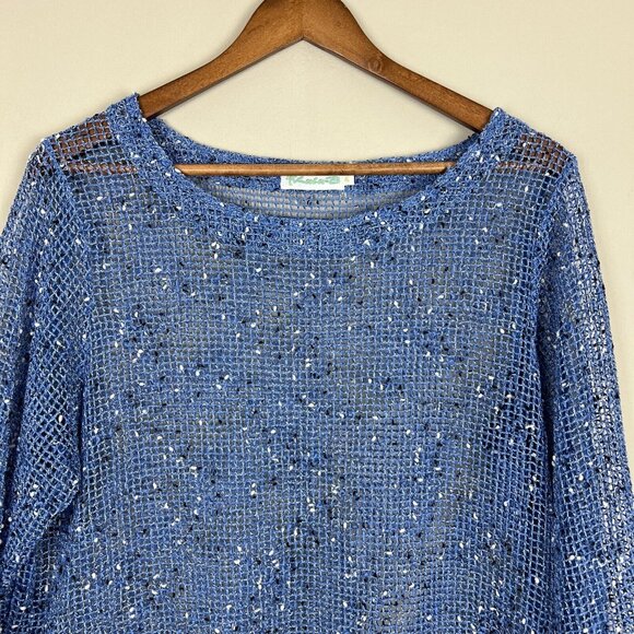 Lulu B Tunic Top‎ Womens XL Blue Net Mesh Mermaid Fishnet Open Knit 3/4 Sleeve - Picture 3 of 10